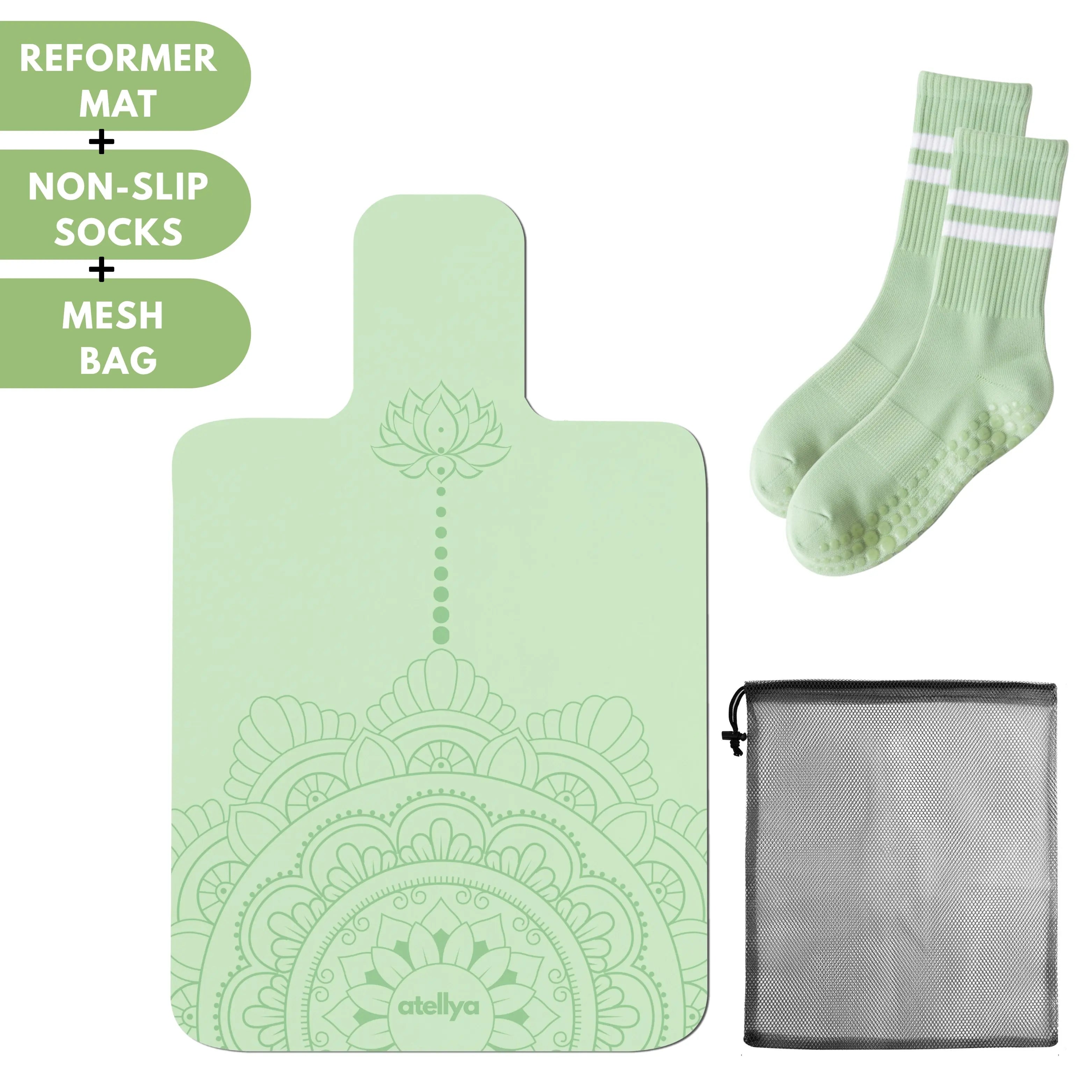 Atellya Boston Green Pilates Reformer Mat Set – Non-Slip Pilates Mat + Grip Socks with Carry Bag Atellya