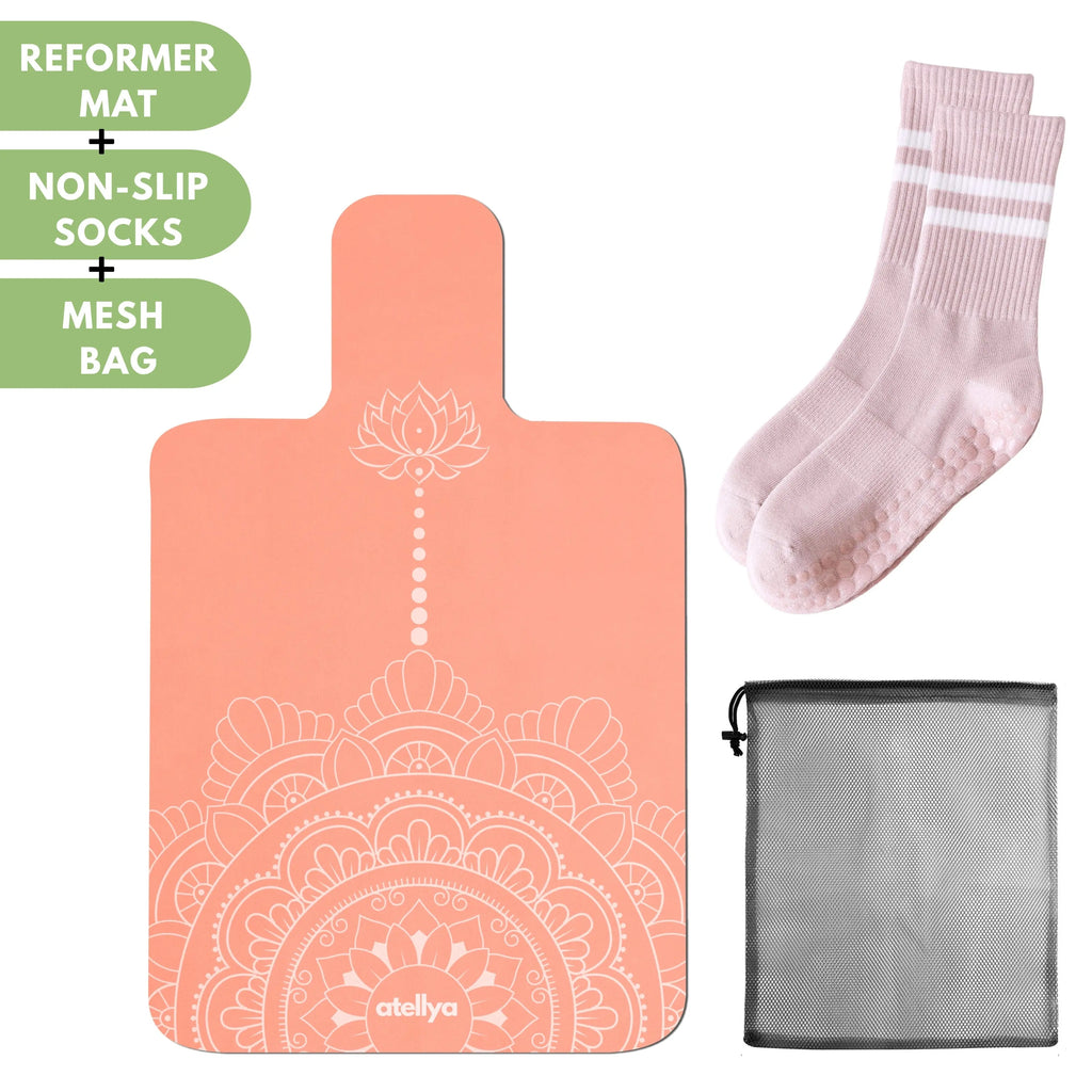 Atellya California Coral Pilates Reformer Mat Set – Non-Slip Pilates Mat + Grip Socks with Carry Bag Atellya