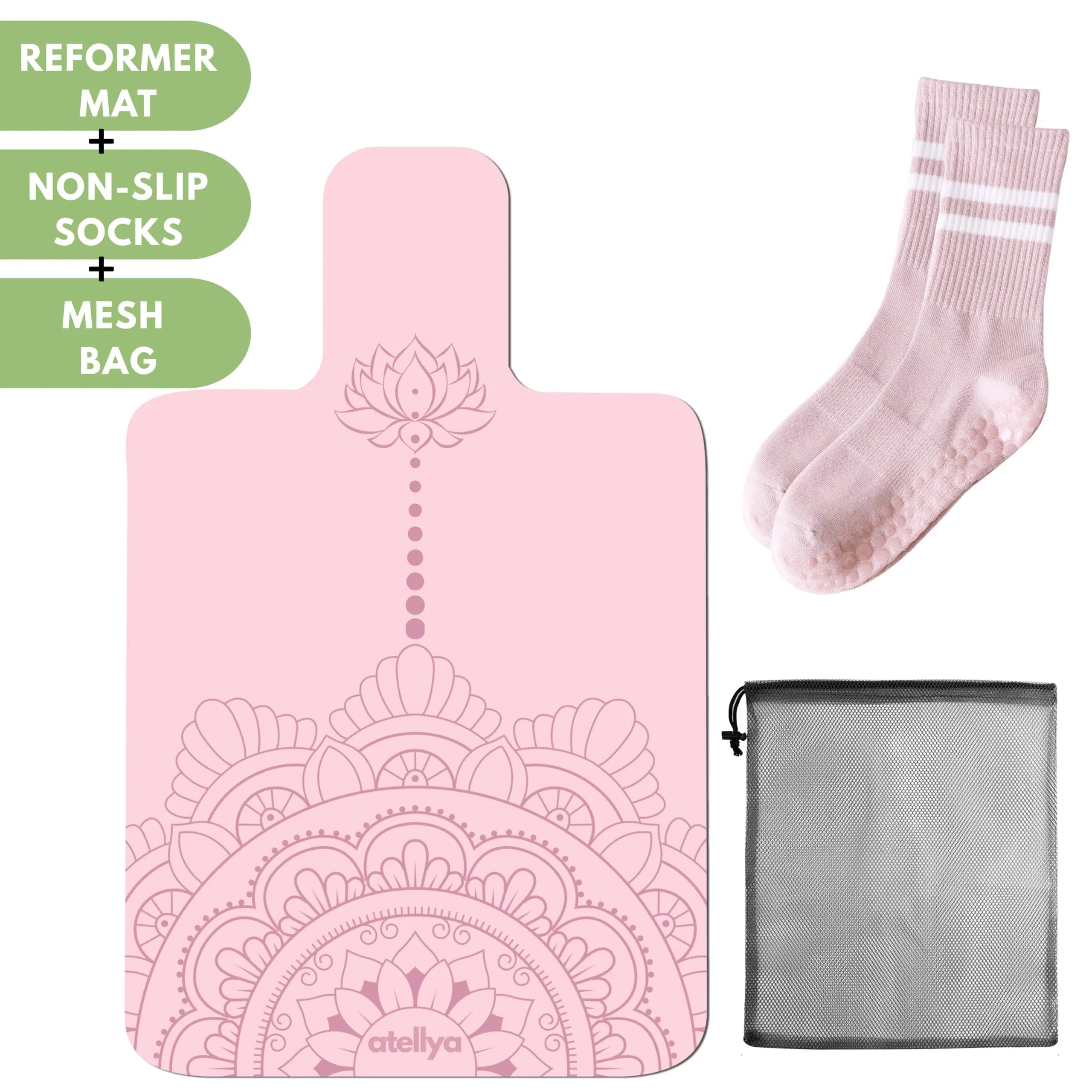 Atellya Sydney Pink Pilates Reformer Mat Set – Non-Slip Pilates Mat + Grip Socks with Carry Bag Atellya